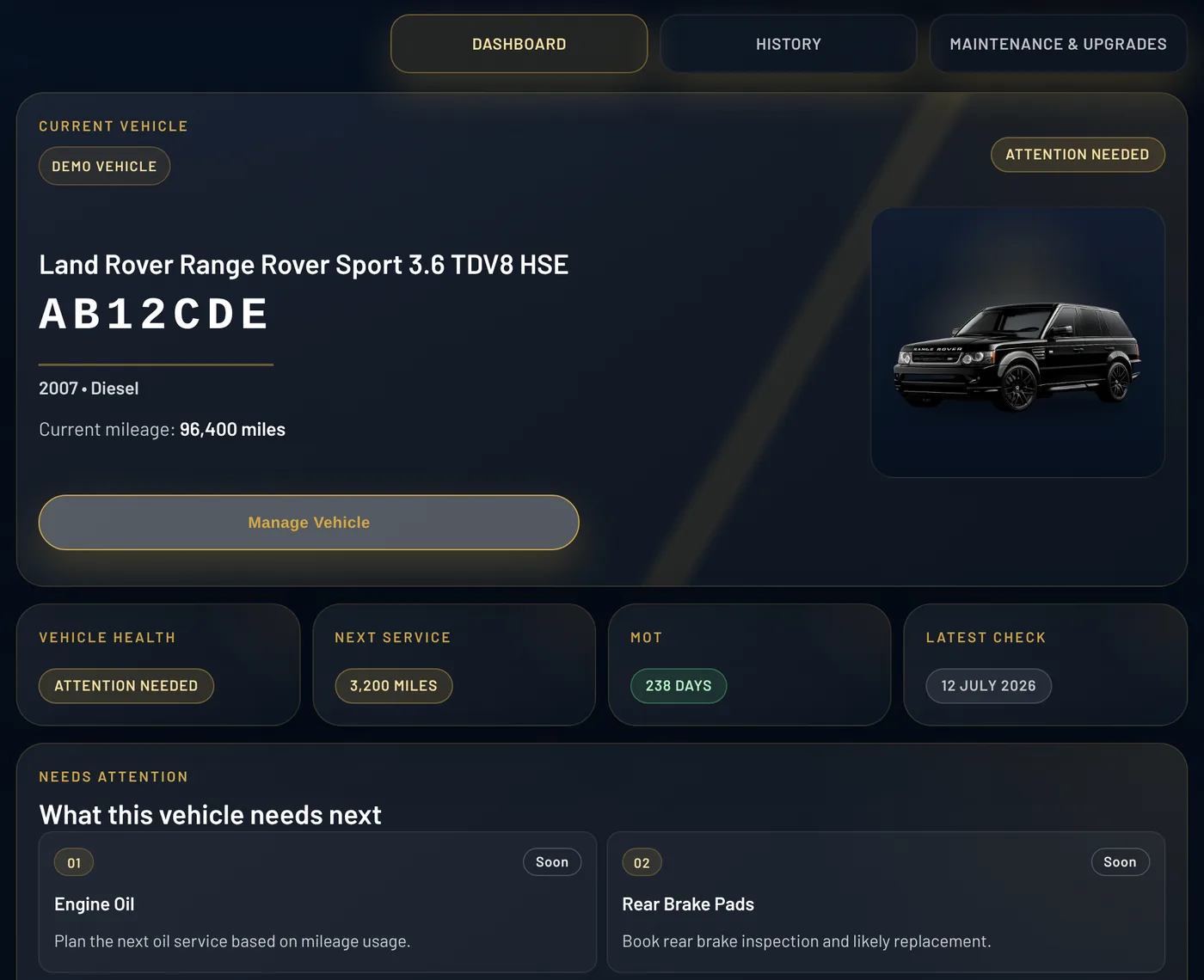 The My Garage dashboard showing a vehicle's registration, mileage, health status, next service, MOT countdown and the items that need attention next