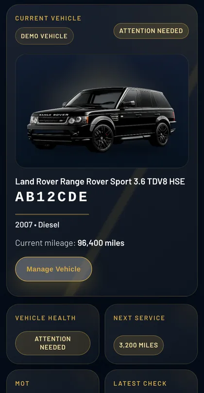 My Garage on a phone, showing the current vehicle and its status